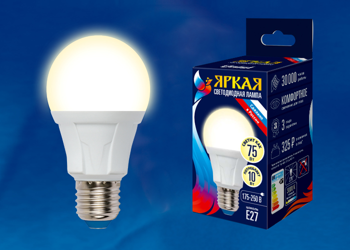 LED-A60 10W/WW/E27/FR PLP01WH Лампа светодиодная. Форма «А», матовая. Серия Яркая. Теплый белый свет